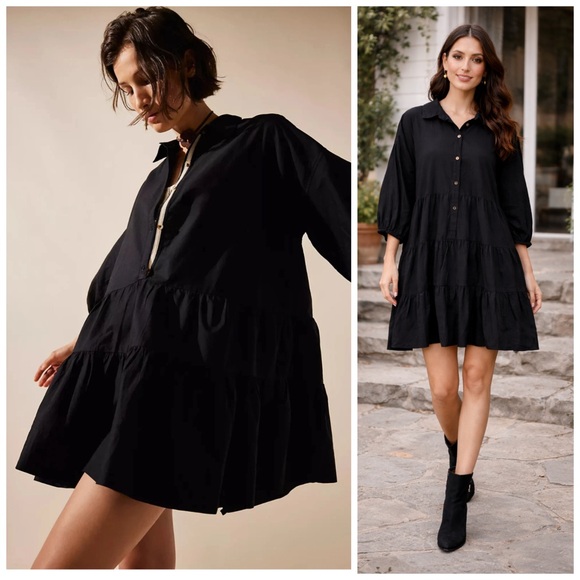 Free People Dresses & Skirts - Free People Misha Mini Dress Black Small Fairycore Babydoll Tiered Boho Chic